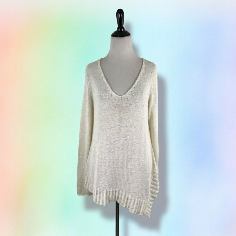 Eileen Fisher‎ Sweater M Cotton Nylon V Neck Asymmetric Slub Knit Ivory Beach